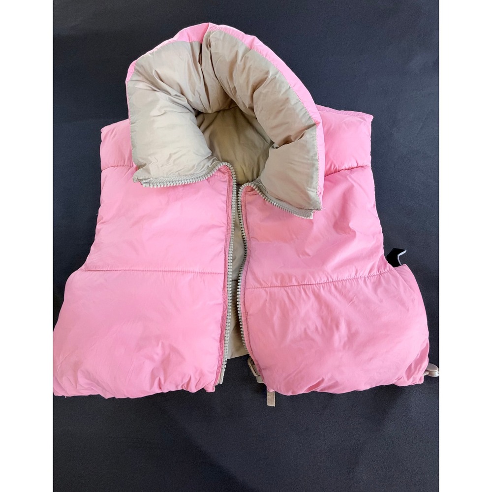 Zara Reversible Pink Khaki Puffer Vest Cropped Oversized Full Zip Small